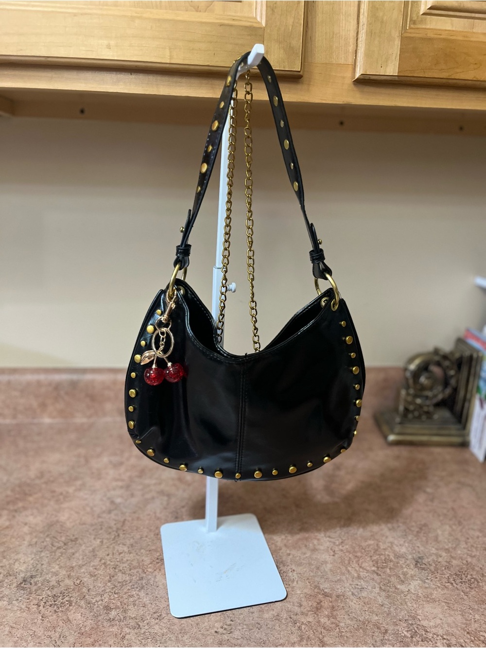 Black Studded Hobo Bag with Cherry Charm